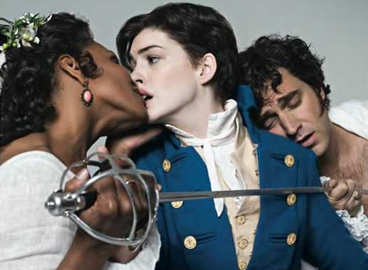 love triangle A comedy love triangle: Audra McDonald (Olivia), Anne Hathaway (Cesario/Viola), & Raul Esparza (Orsino)