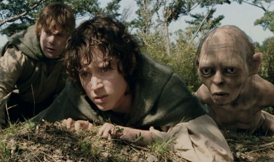 Sam (Sean Astin), Frodo (Elijah Wood), and Gollum (Andy Serkis)